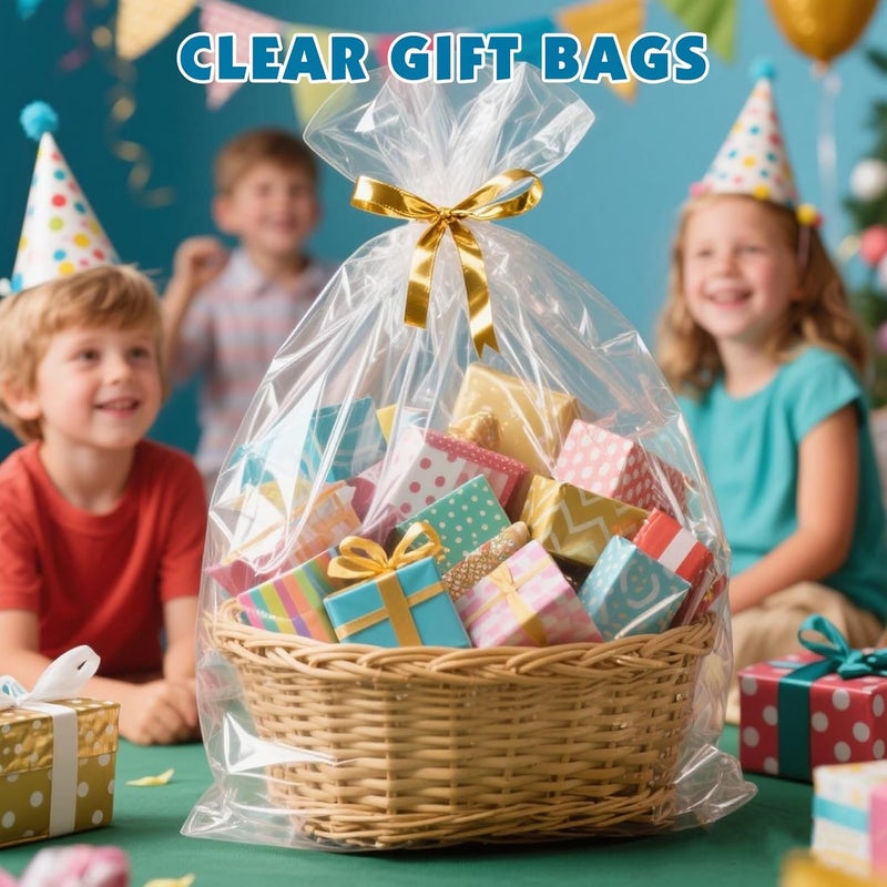 NUITPY 12 Pcs Large Cellophane Bags, 30 x 40 Inchs Cellophane Wrap for Gift Baskets, Durable Cellophane Gift Bag, Clear Basket Bag - Complimentary 12 Pcs Golden Twist Ties - Image 5